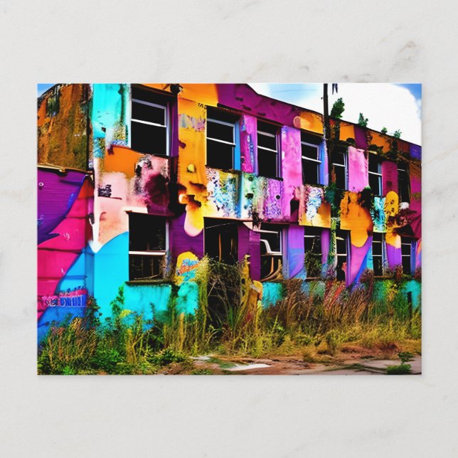 Pink and Purple Graffiti Art | Abandoned Building  Postcard (Front)