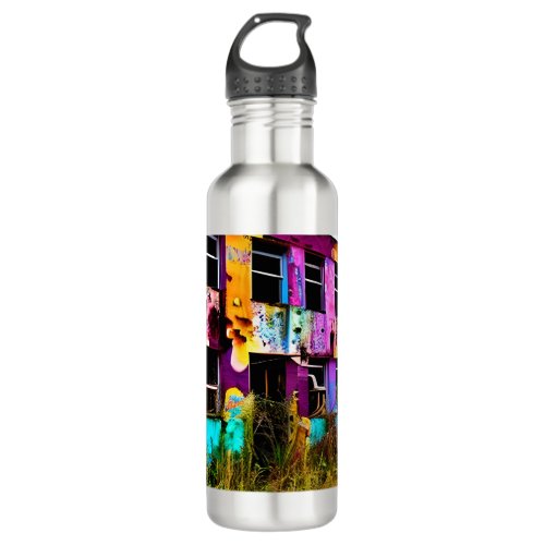 Pink and Purple Graffiti Art  Abandoned Building  Stainless Steel Water Bottle