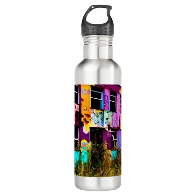Pink and Purple Graffiti Art | Abandoned Building  Stainless Steel Water Bottle (Front)