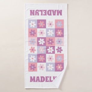 Pink and Purple Groovy Daisy Checkerboard Bath Towel
