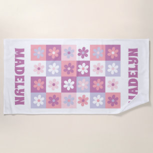Pink and Purple Groovy Daisy Checkerboard Beach Towel
