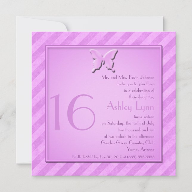 Pink and Purple Grunge Stripe Sweet Sixteen Invite (Front)