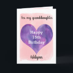 Pink and Purple Happy 15th Birthday Granddaughter Card<br><div class="desc">A pretty purple and pink 15th birthday granddaughter card that features a watercolor heart against a pretty pink watercolor, which you can personalize underneath the heart with her name. The inside of this watercolors birthday card reads a heartfelt feeling, which an easily personalized. The back features the heart along with...</div>