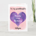 Pink and Purple Happy 15th Birthday Granddaughter Card<br><div class="desc">A pretty purple and pink 15th birthday granddaughter card that features a watercolor heart against a pretty pink watercolor, which you can personalize underneath the heart with her name. The inside of this watercolors birthday card reads a heartfelt feeling, which an easily personalized. The back features the heart along with...</div>
