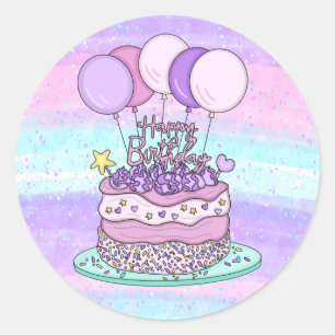 Pink and Purple Happy Birthday Classic Round Sticker