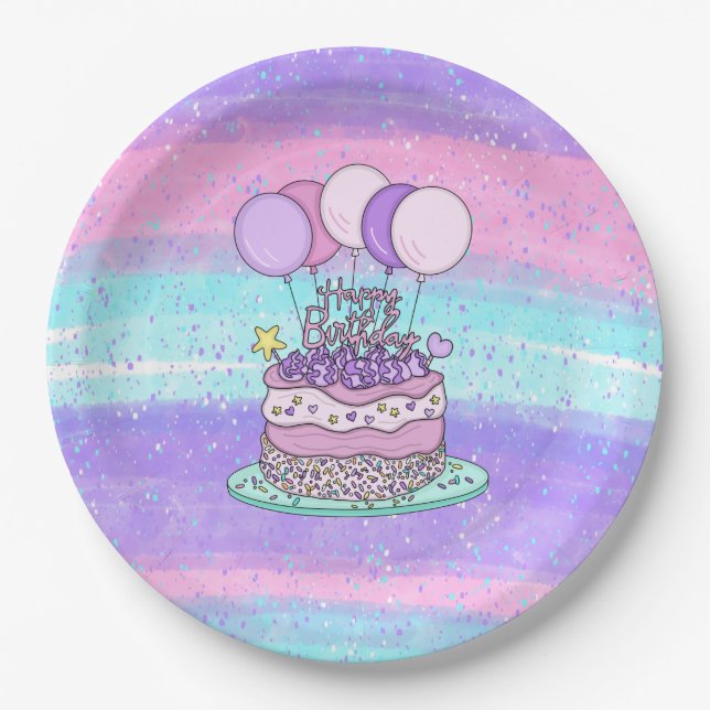 Pink and Purple Happy  Birthday Party Paper Plates (Front)