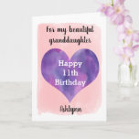Pink and Purple Heart 11th Birthday Granddaughter Card<br><div class="desc">A personalized watercolor 11th birthday card for granddaughter that features a purple watercolor heart against a pink watercolor, which you can personalize underneath with her name. The inside card message reads a heartfelt birthday message, which can be personalized if wanted. The back features the same watercolor heart against the pink...</div>