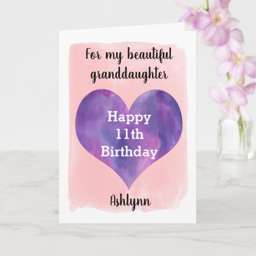 Pink and Purple Heart 11th Birthday Granddaughter Card