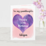Pink and Purple Heart Granddaughter 17th Birthday Card<br><div class="desc">A pretty pink and purple 17th birthday granddaughter card that features a watercolor purple heart against a pretty pink watercolor, which you can easily personalize underneath the purple heart with her name. The inside of this 17th birthday card reads a heartfelt message, which can be easily personalized if wanted. The...</div>
