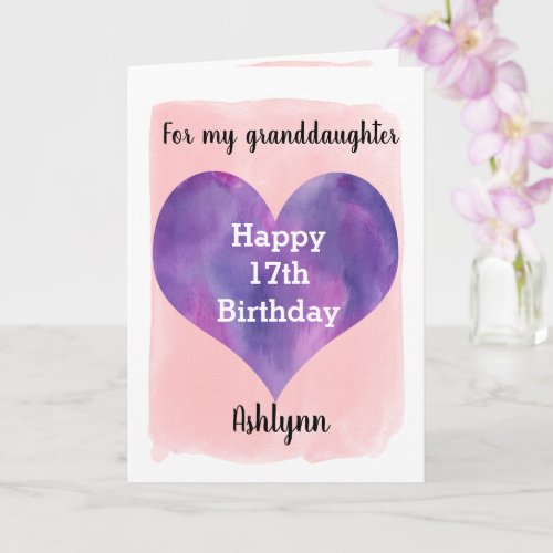 Pink and Purple Heart Granddaughter 17th Birthday Card