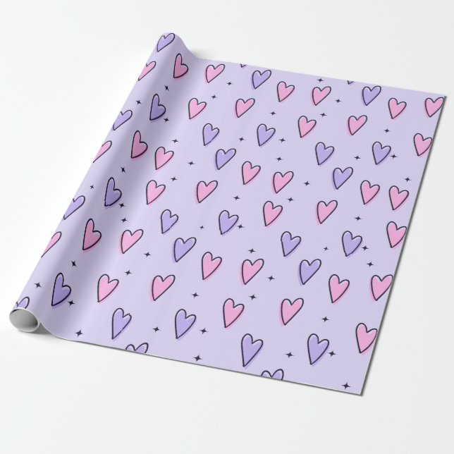 Pink and Purple Heart Shape Wrapping Paper (Unrolled)