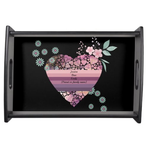 Pink and purple heart with customizable names gift serving tray