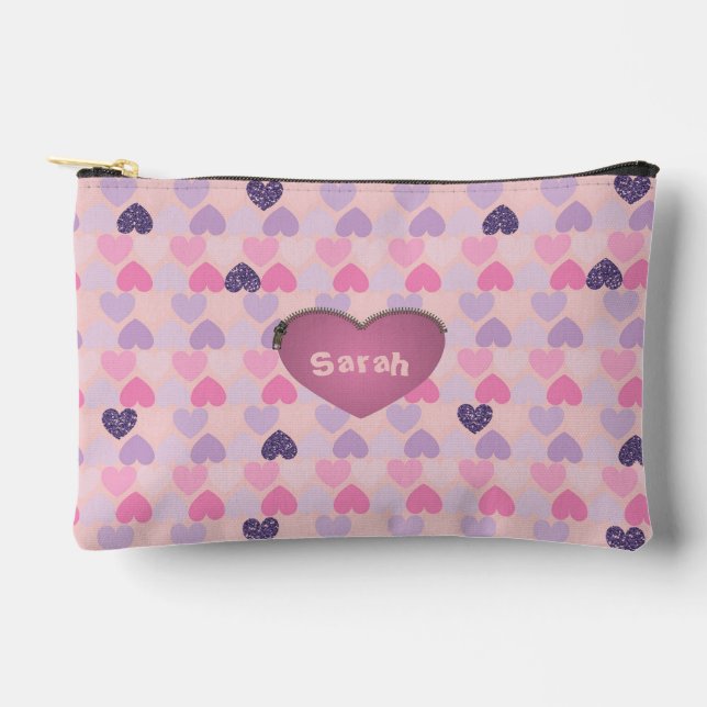 Pink and Purple Hearts on Pink Background Accessory Pouch (Front)