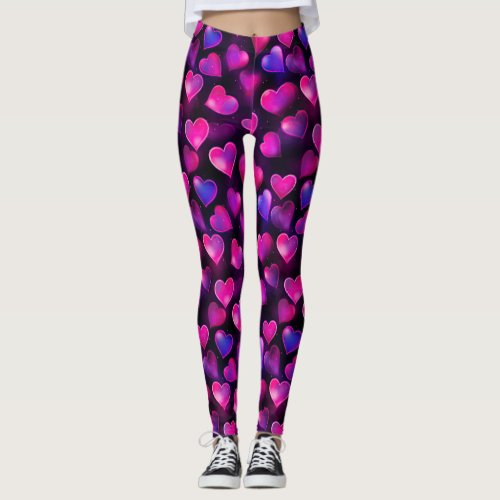 Pink and Purple Hearts Patterned Leggings