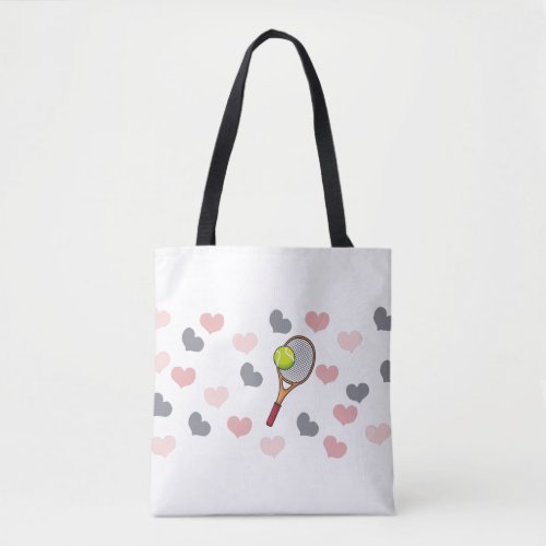 Pink and Purple Hearts Racket I Love Tennis White Tote Bag