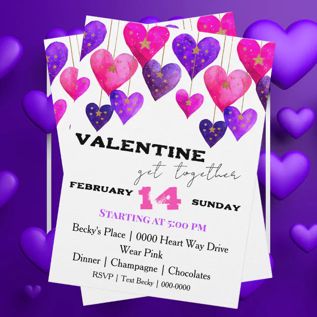 Pink Invitations Heart Pink and Purple Hearts Valentine Day Invitation | Zazzle