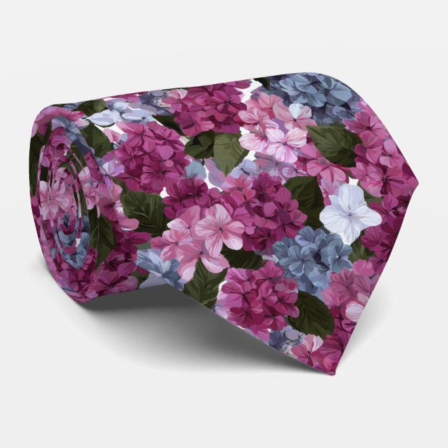 Pink and Purple Hydrangea Floral Pattern Neck Tie (Rolled)