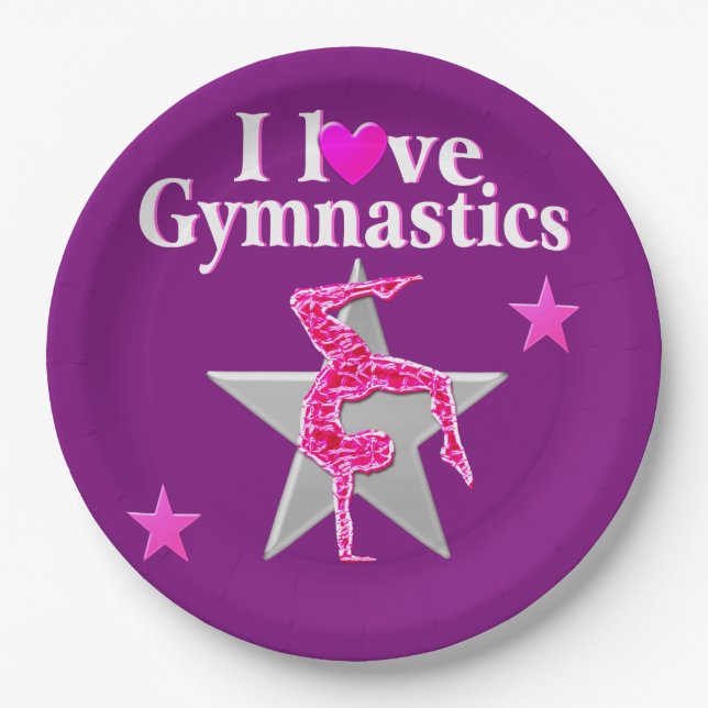 PINK AND PURPLE I LOVE GYMNASTICS PAPER PLATES (Front)