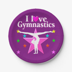 PINK AND PURPLE I LOVE GYMNASTICS PAPER PLATES