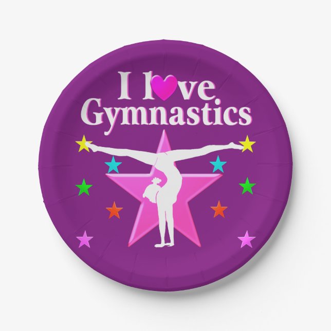 PINK AND PURPLE I LOVE GYMNASTICS PAPER PLATES (Front)