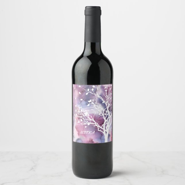 Pink and Purple Ink and White Tree Silhouette Wine Label (Front)