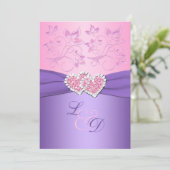 Pink and Purple Joined Hearts Monogram Invitation (Standing Front)