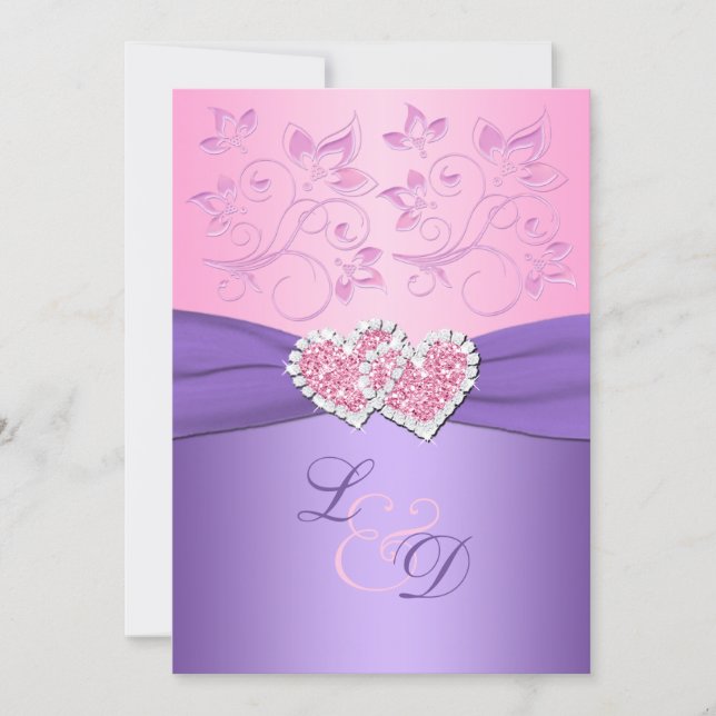 Pink and Purple Joined Hearts Monogram Invitation (Front)