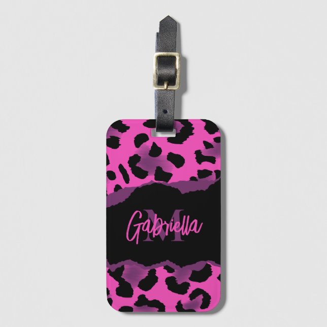 Pink and Purple Leopard Print Luggage Tag (Front Vertical)