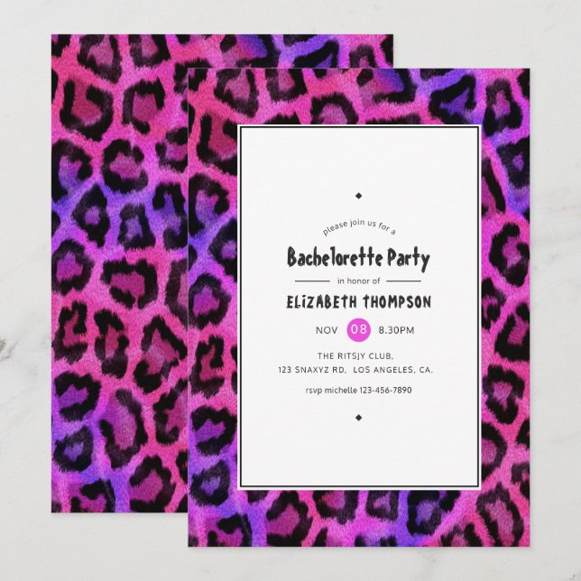 Pink and Purple Leopard Spots Bachelorette Party Invitation (Front/Back)