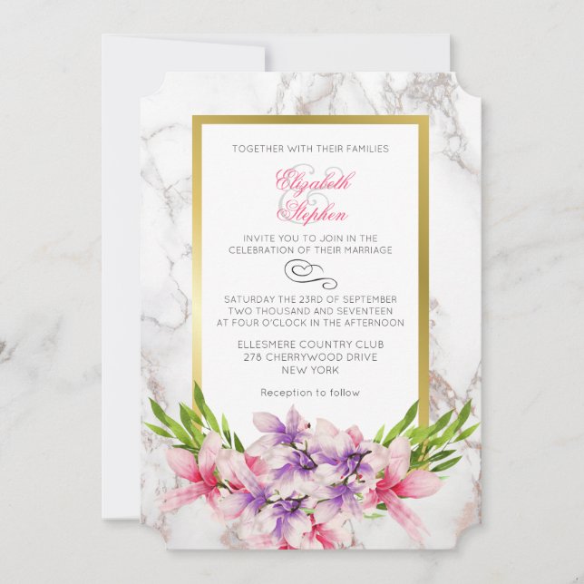 Pink and Purple Magnolias on a Marble Back Wedding Invitation (Front)