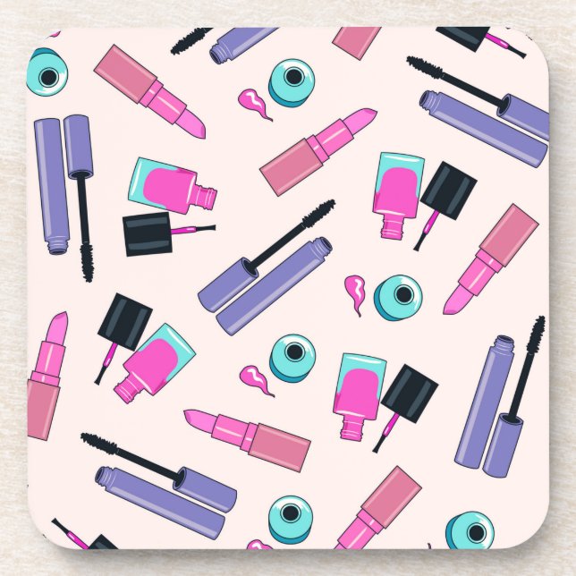 Pink and Purple Make Up Cosmetics Pattern Beverage Coaster (Front)