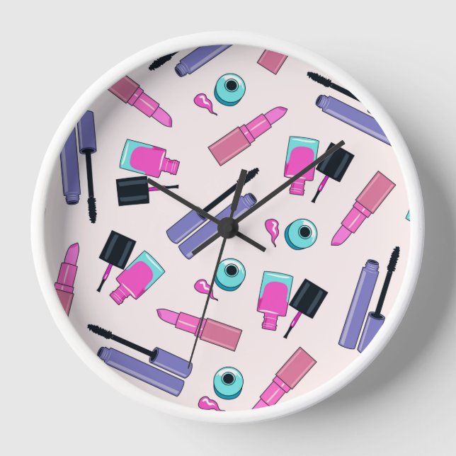 Pink and Purple Make Up Cosmetics Pattern Clock (Front)