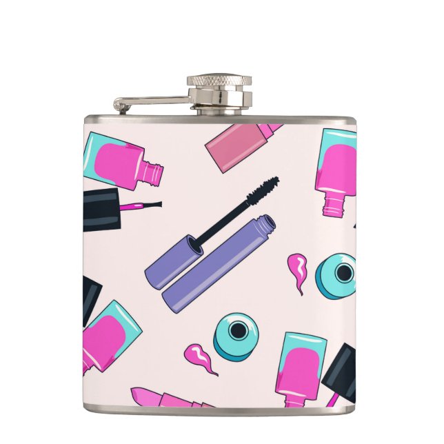 Pink and Purple Make Up Cosmetics Pattern Flask (Front)