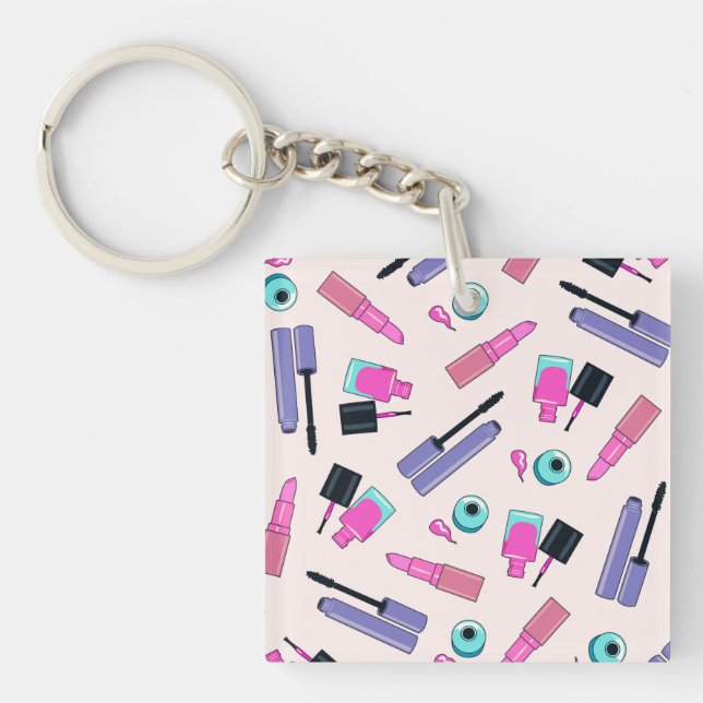Pink and Purple Make Up Cosmetics Pattern Keychain (Front)
