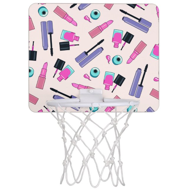 Pink and Purple Make Up Cosmetics Pattern Mini Basketball Hoop (Front)