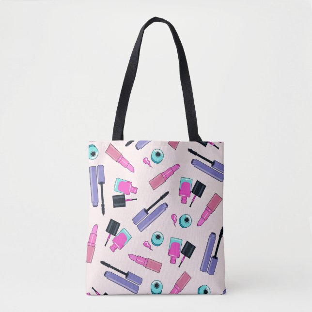 Pink and Purple Make Up Cosmetics Pattern Tote Bag (Front)