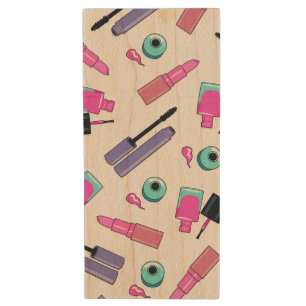 Pink and Purple Make Up Cosmetics Pattern Wood Flash Drive