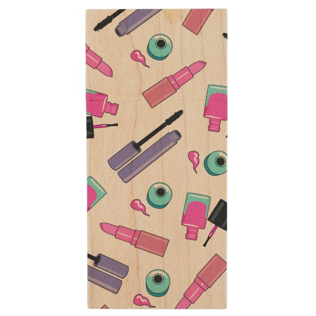 Pink and Purple Make Up Cosmetics Pattern Wood Flash Drive (Front Vertical)