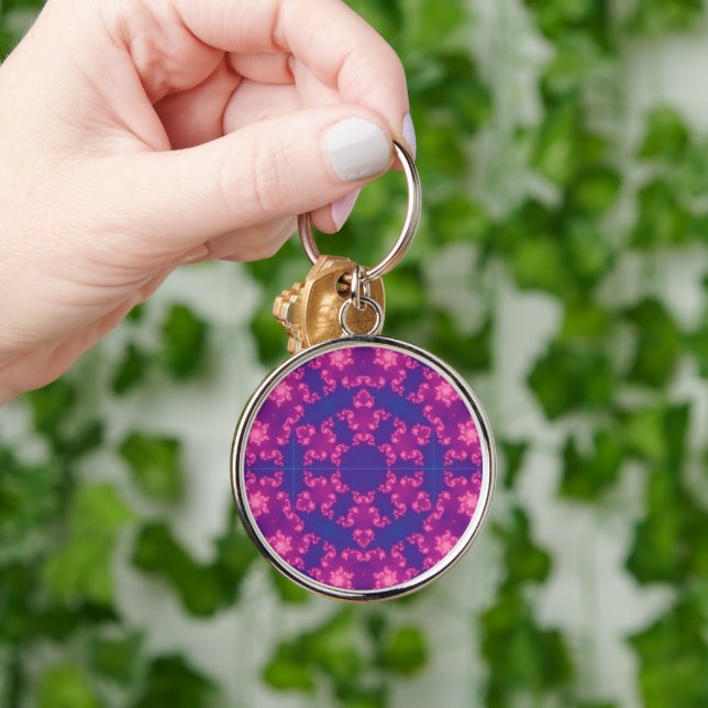 Pink and Purple Mandela Round Snowflakes Keychain (Hand)