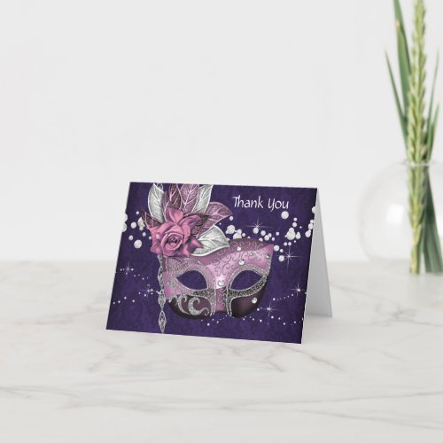 Pink and Purple Masquerade Party Thank You Cards