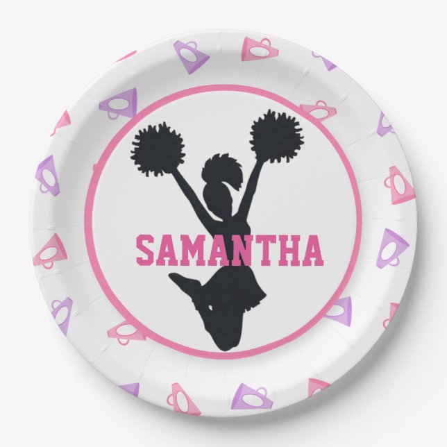 Pink and Purple Megaphones Cheerleader Birthday Paper Plates (Front)