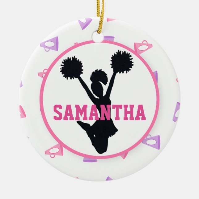 Pink and Purple Megaphones Cheerleader Ceramic Ornament (Front)