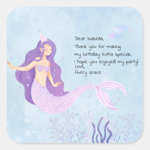 Pink and Purple Mermaid Birthday Thank You Square Sticker