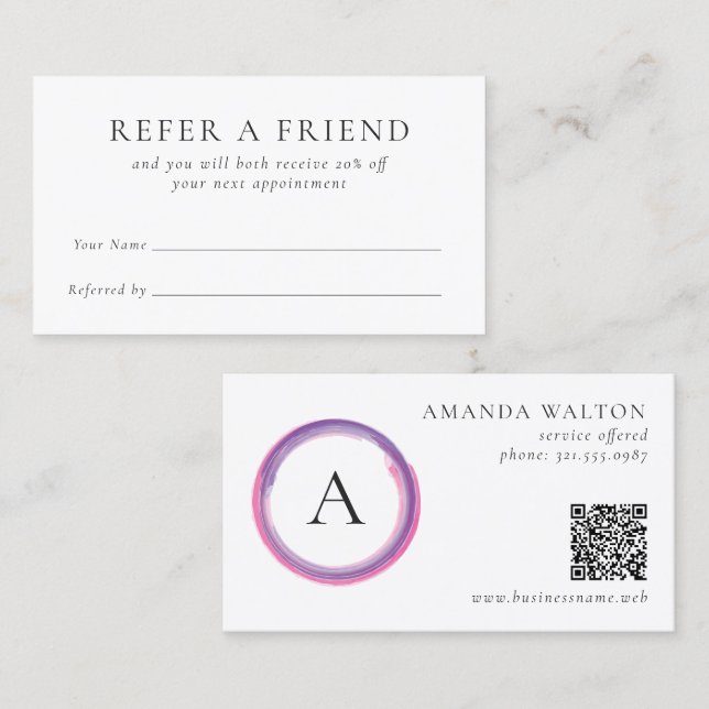 Pink and Purple Monogram Modern Business Referral Card (Front/Back)
