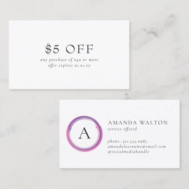 Pink and Purple Monogram Modern Discount Card (Front/Back)