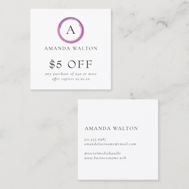 Pink and Purple Monogram Modern Discount Card (Front/Back)