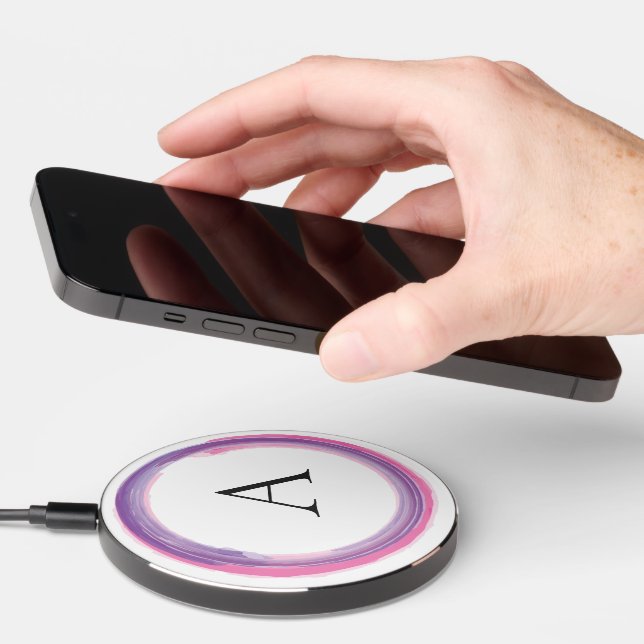 Pink and Purple Monogram Modern Wireless Charger (Hand)