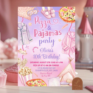 Pink and Purple Neon Pizza and Pajamas Birthday Invitation
