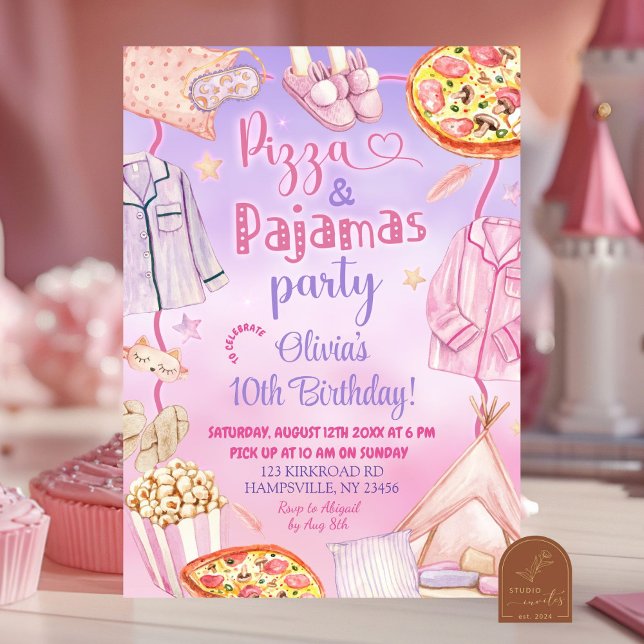 Pink and Purple Neon Pizza and Pajamas Birthday Invitation (Creator Uploaded)