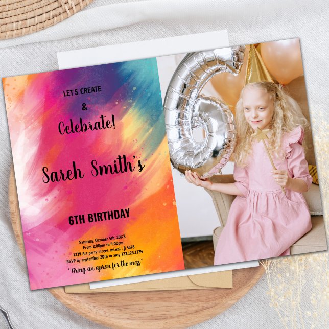 Pink and Purple Paint Birthday Invitation (Pink Purple Paint Birthday Invitations with photo)